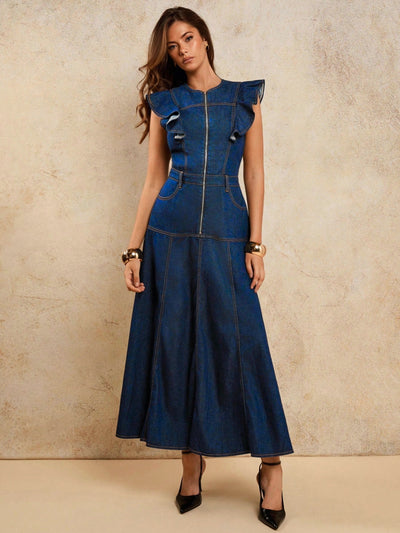 A-Line Zip Fly Flutter Sleeve Denim Dress – Blue Dress – Glossia Fashion