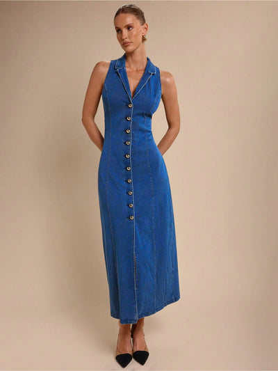 Elara Collared Denim Midi – Blue Dress – Glossia Fashion