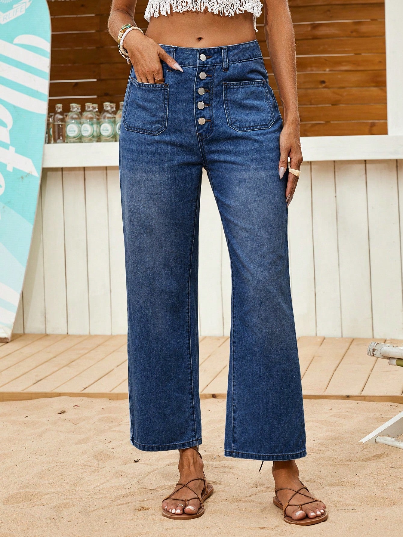 Coastal Button Wide-Leg Jeans