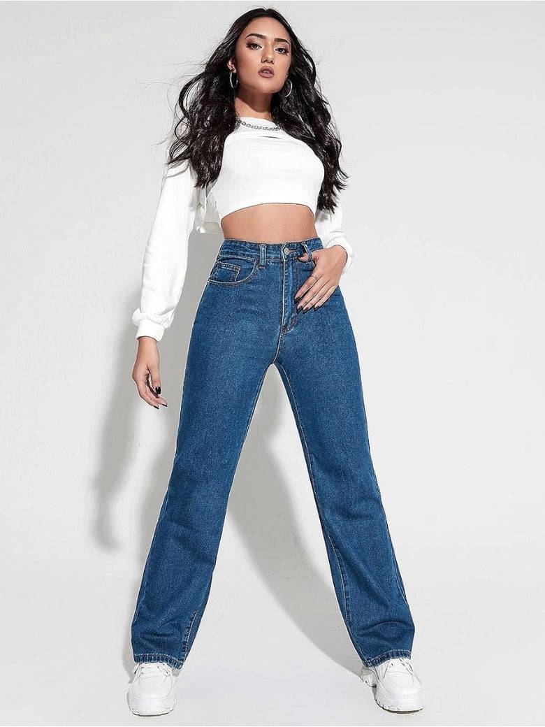 high rise wide leg straight fit loose jeans for women