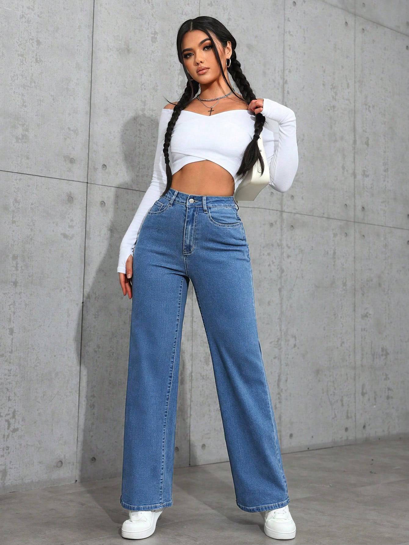 high rise wide leg straight fit loose jeans for women