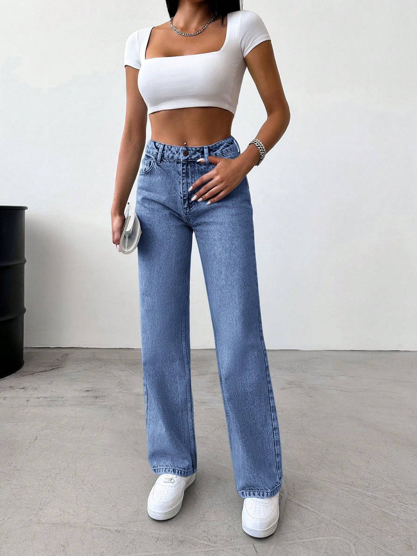 high rise wide leg straight fit loose jeans for women