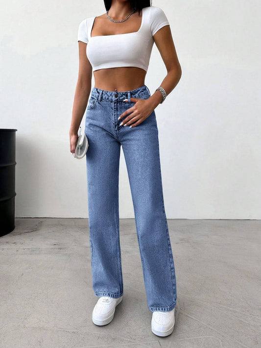 high rise wide leg straight fit loose jeans for women
