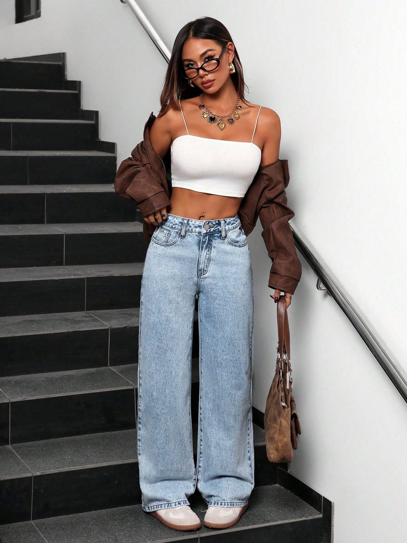 high rise wide leg straight fit loose jeans for women