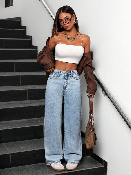 high rise wide leg straight fit loose jeans for women
