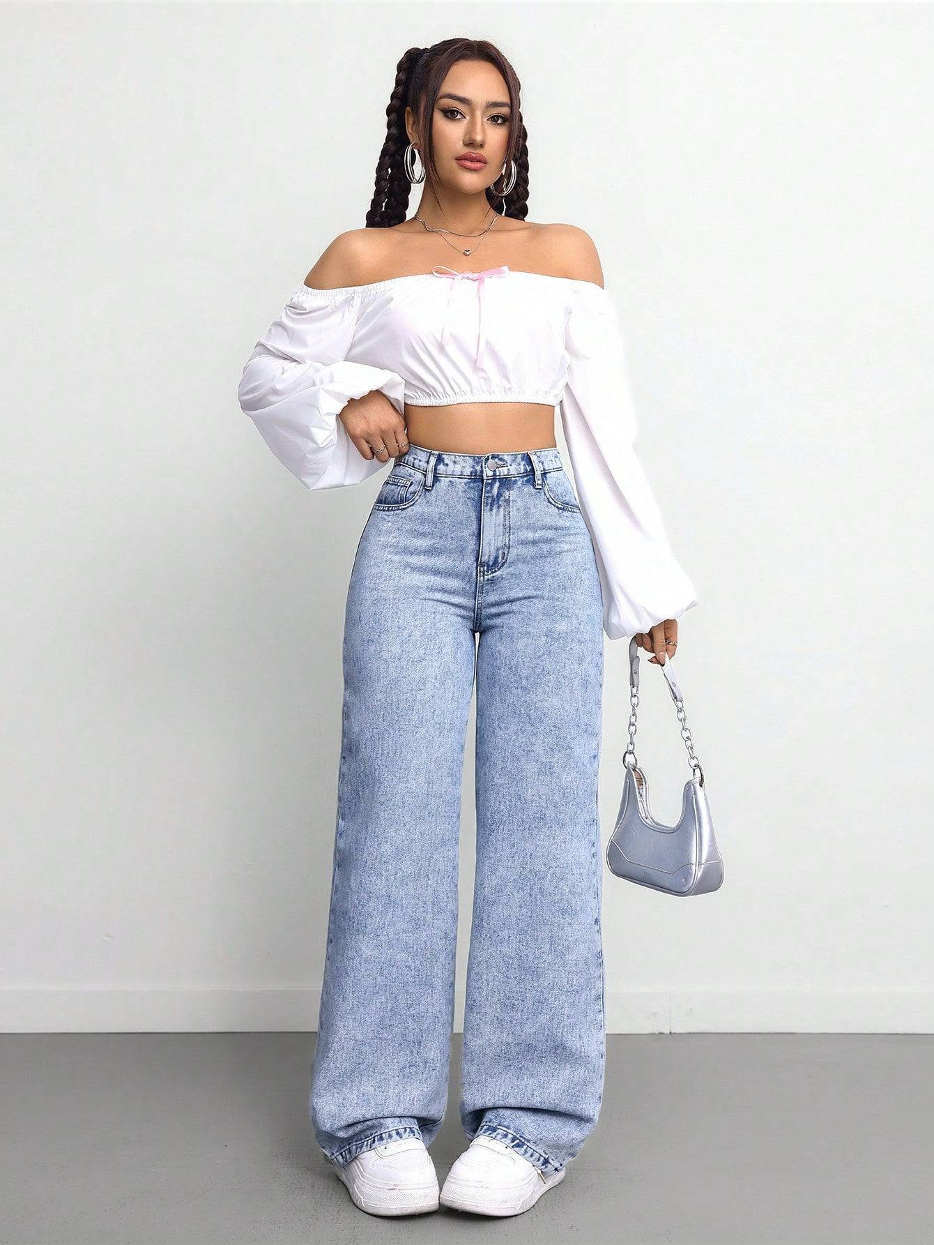 high rise wide leg straight fit loose jeans for women