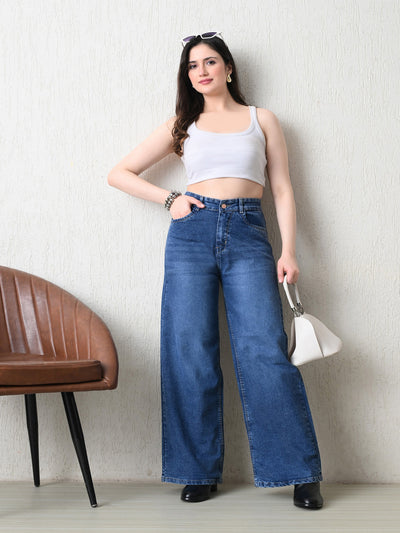 Aura Blue Wide-Fit Denim – Blue Wide-Leg Jeans – Glossia Fashion