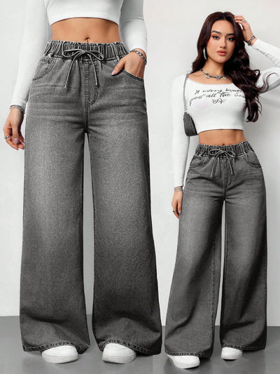 Ash Drift Wide-Leg Denim – Grey Wide-Leg Jeans – Glossia Fashion