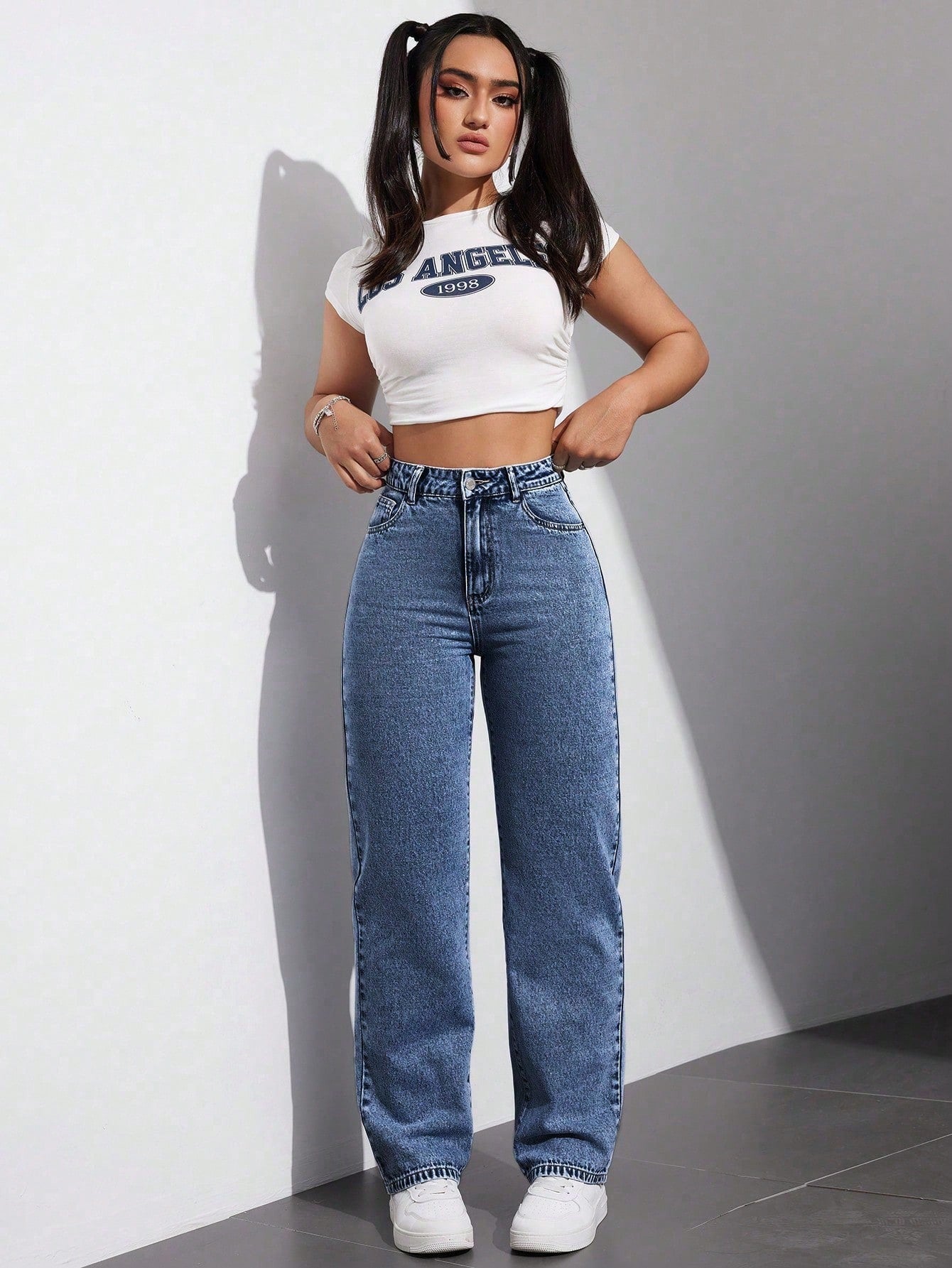 high rise wide leg straight fit loose jeans for women