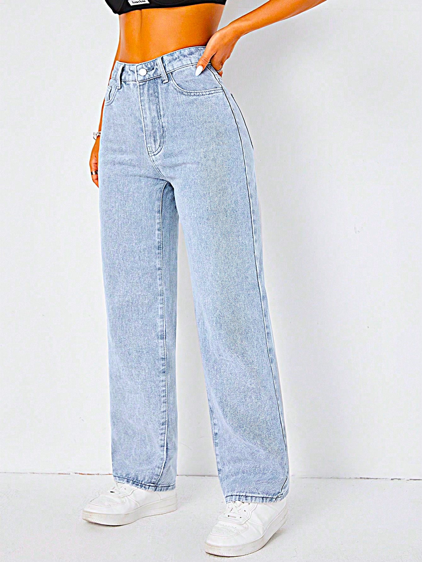 Power Pose Stonewash Straight Fit Jeans - Glossia Fashion