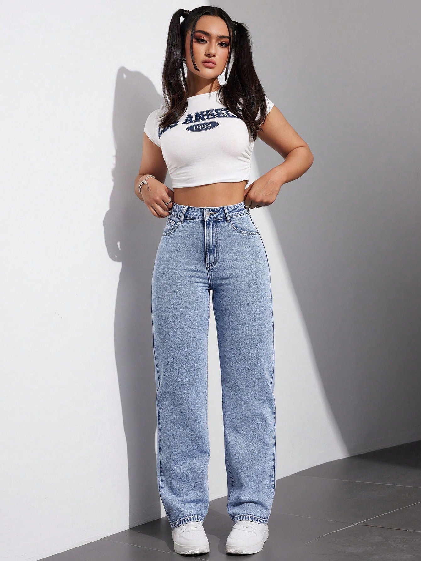high rise wide leg straight fit loose jeans for women