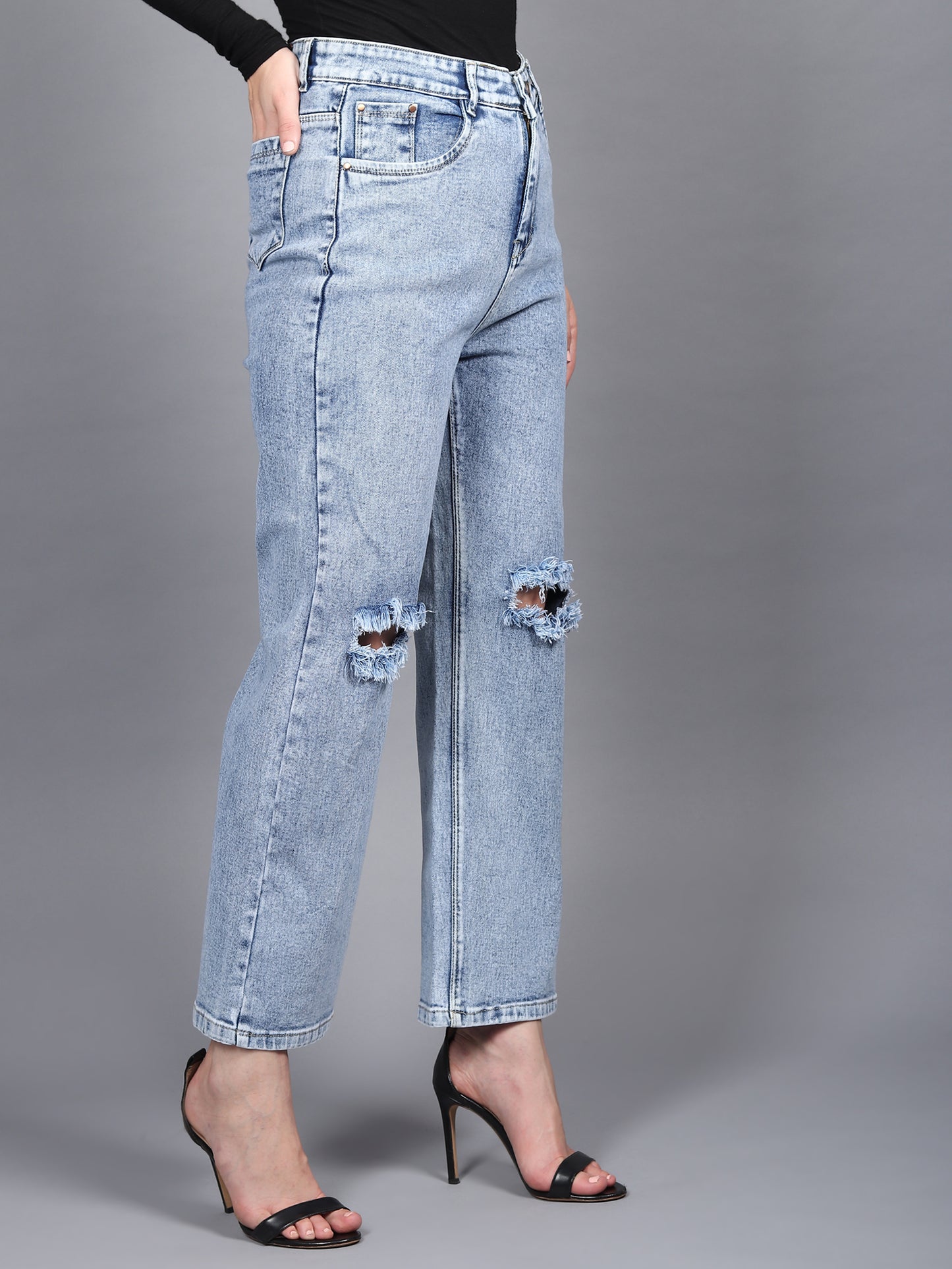Stonewash Knee-Cut Wide Leg Jeans - Glossia Fashion