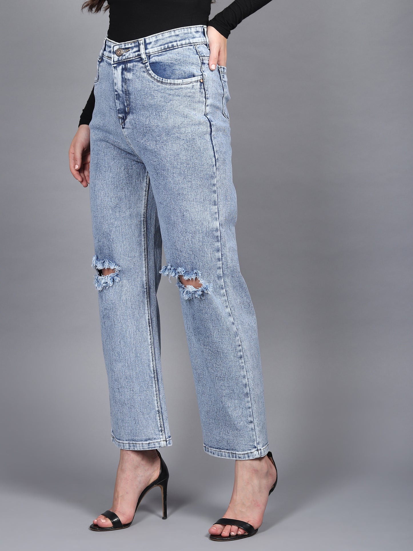 Stonewash Knee-Cut Wide Leg Jeans - Glossia Fashion