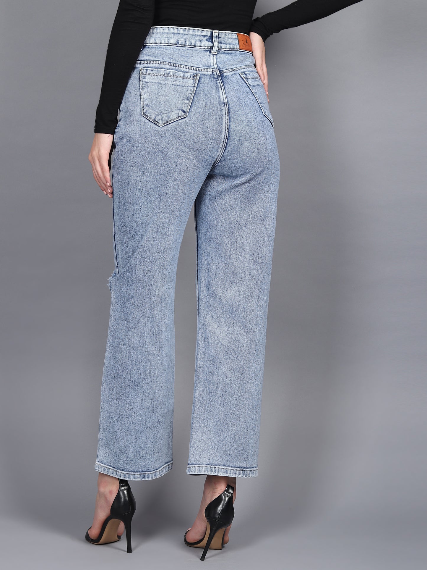 Stonewash Knee-Cut Wide Leg Jeans - Glossia Fashion