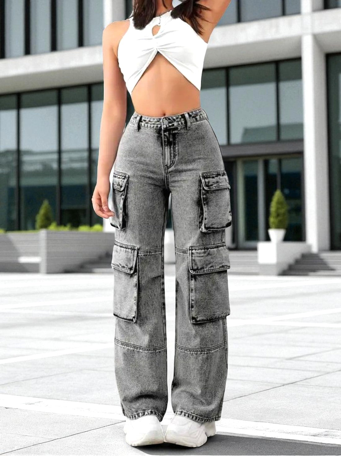 Fashion Jeans For Women High Rise Straight Fit Wide Leg Cargo