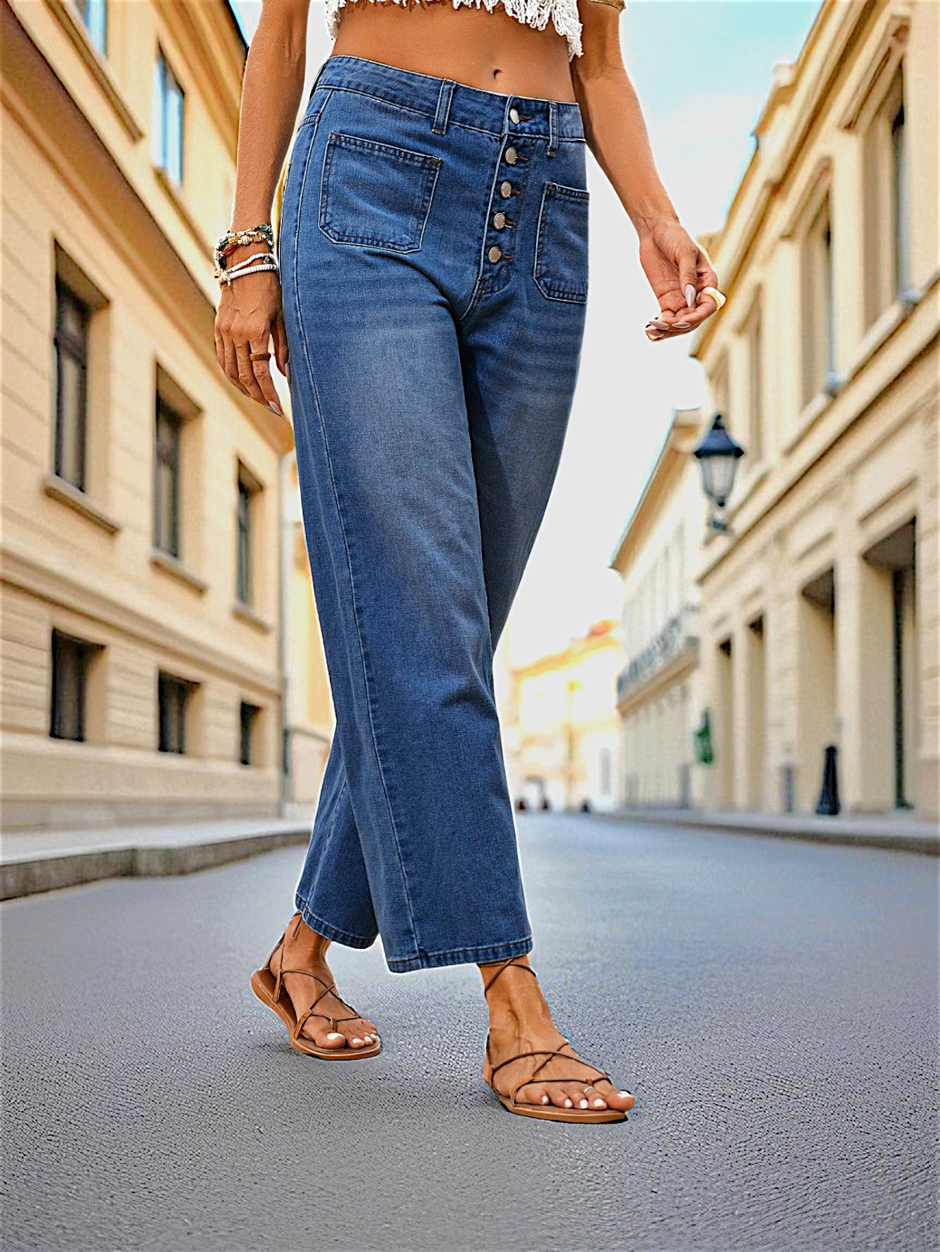Coastal Button Wide-Leg Jeans