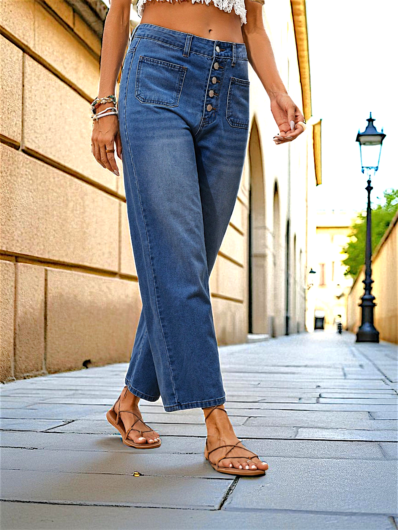 Coastal Button Wide-Leg Jeans
