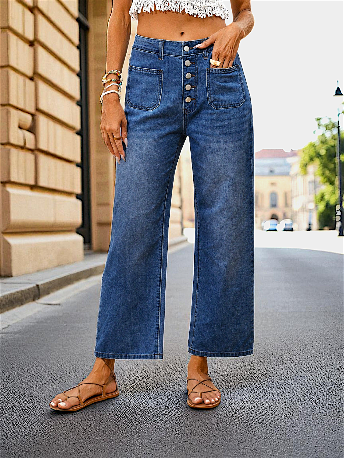 Coastal Button Wide-Leg Jeans