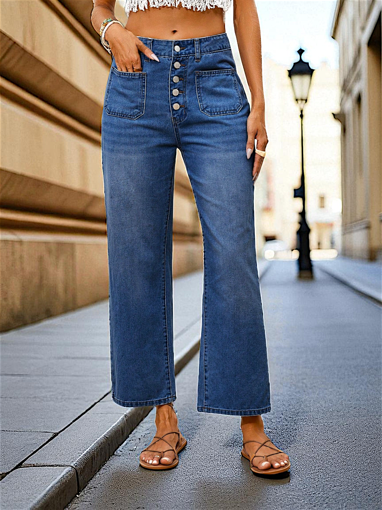 Coastal Button Wide-Leg Jeans