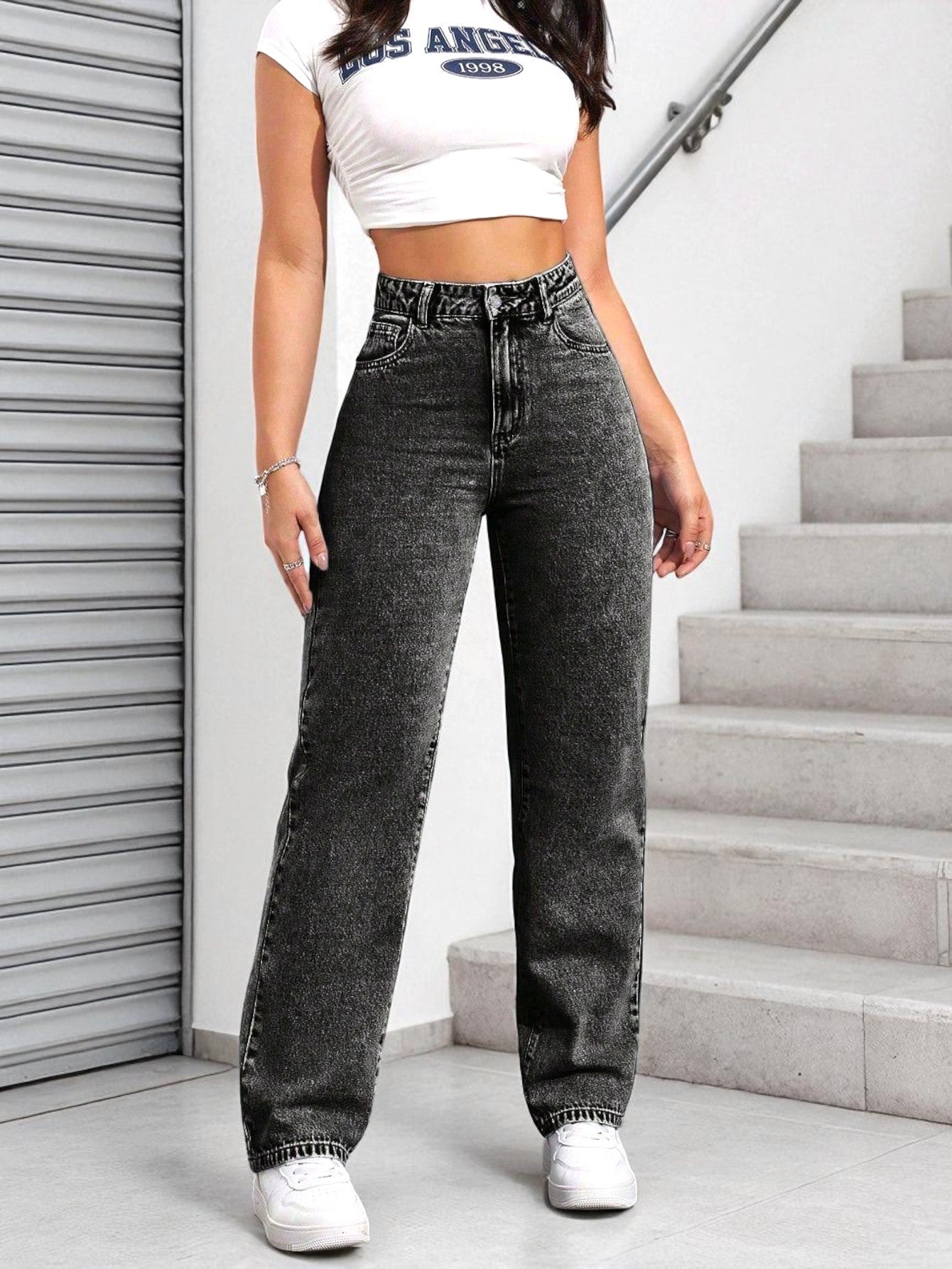 high rise wide leg straight fit loose jeans for women