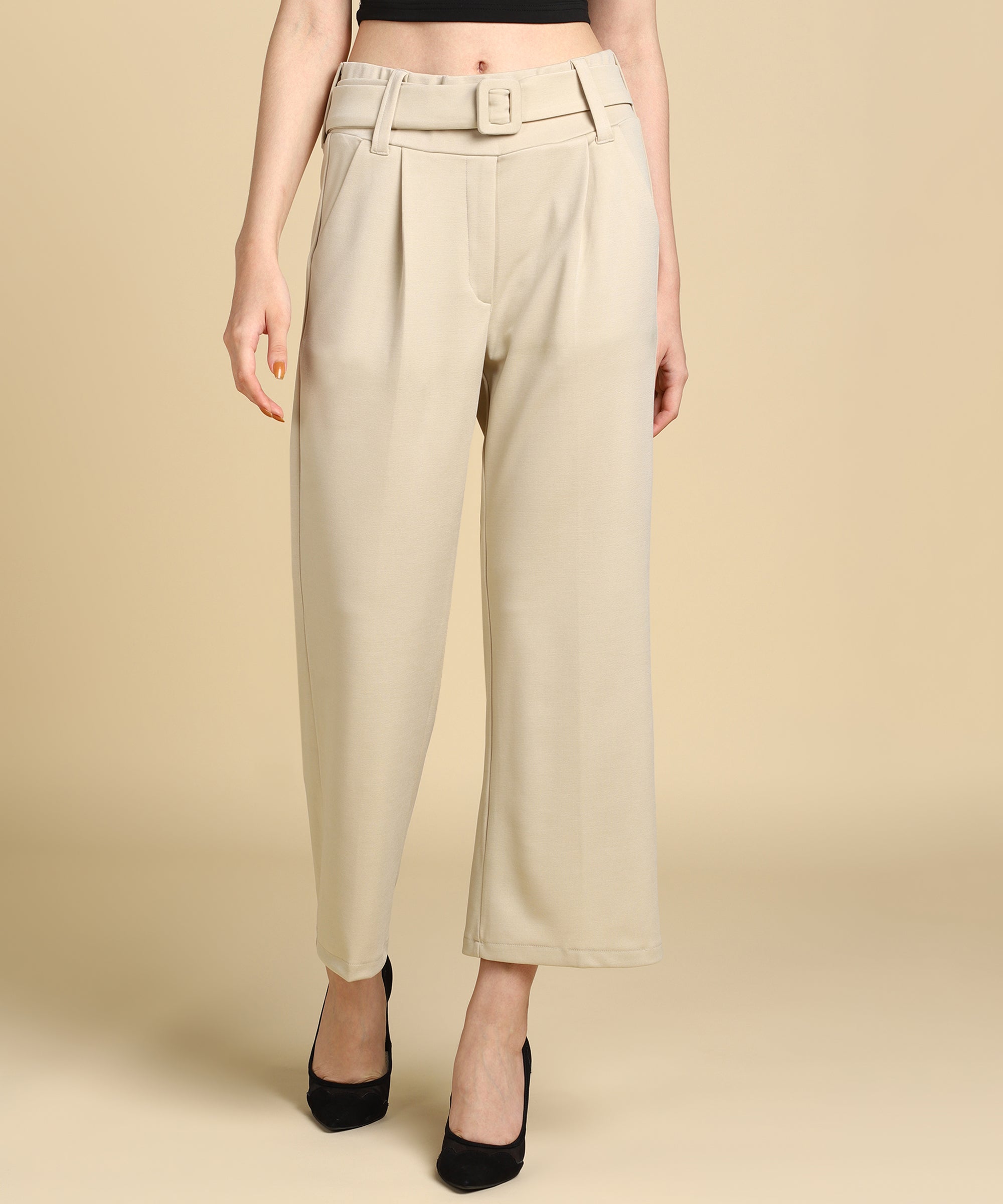 Gable Green Casual High-Waisted Parallel Cargo Trouser Pants for