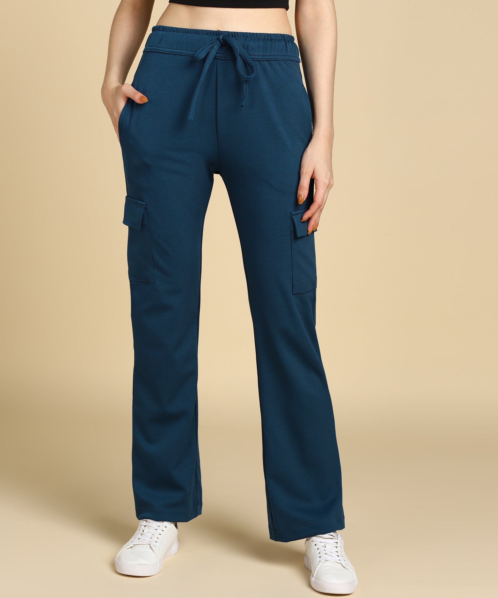 Teal Blue Casual High - Waisted Parallel Cargo Trouser Pants for