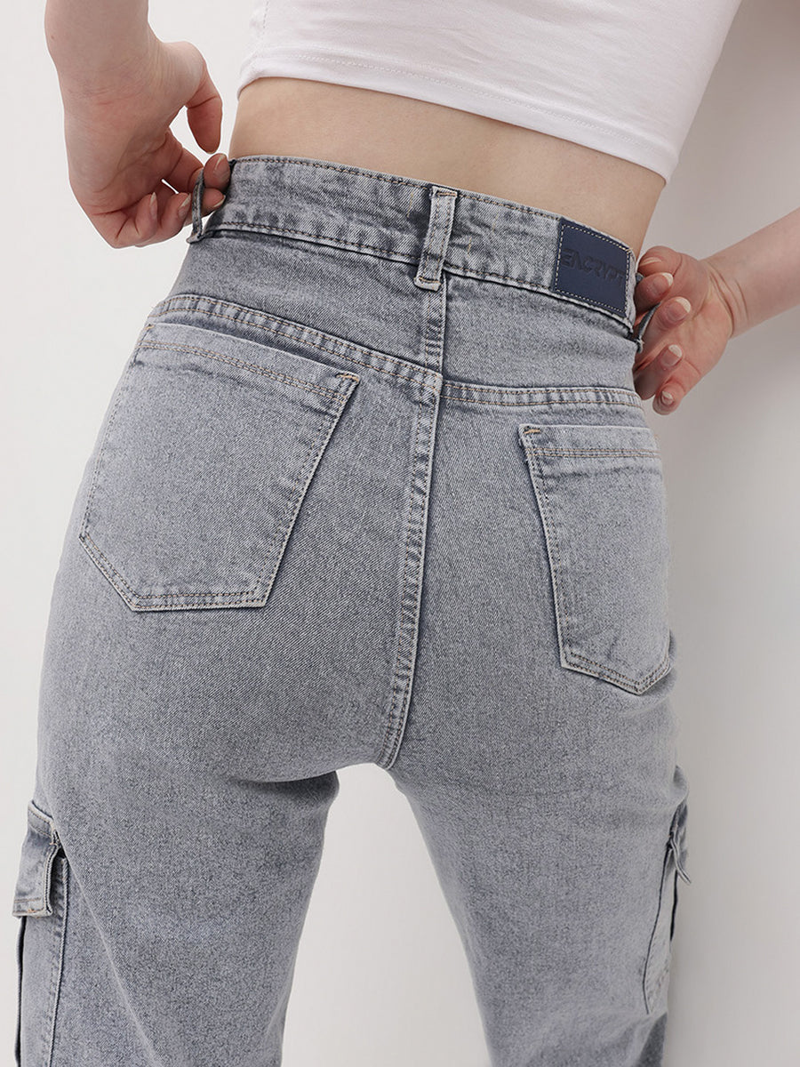 Trailblazer Cargo Denim Jeans – Grey Cargo Jeans Full Length – Glossia Fashion