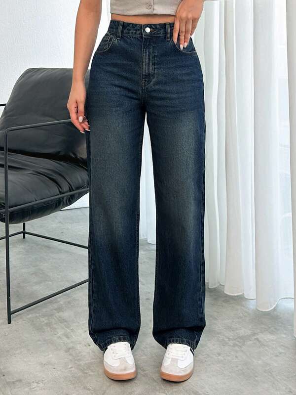 Deep Shade High-Waist Straight Denim