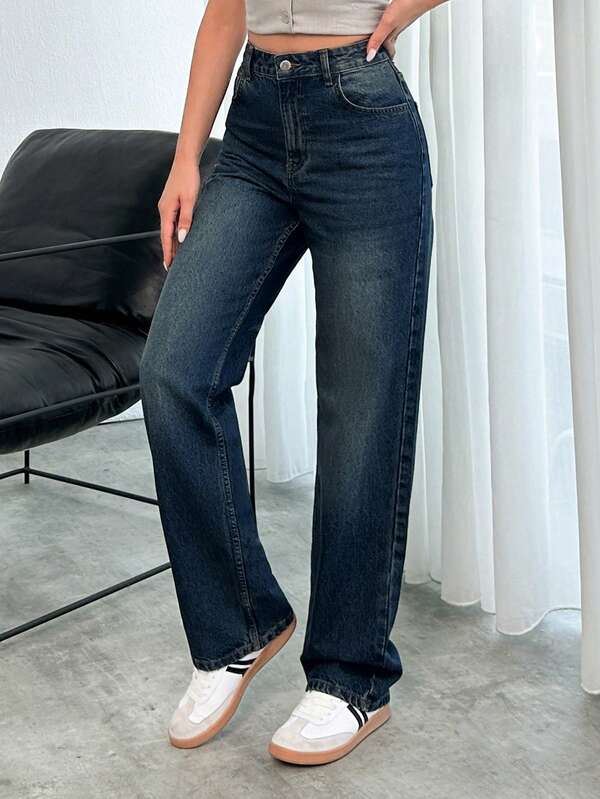 Deep Shade High-Waist Straight Denim
