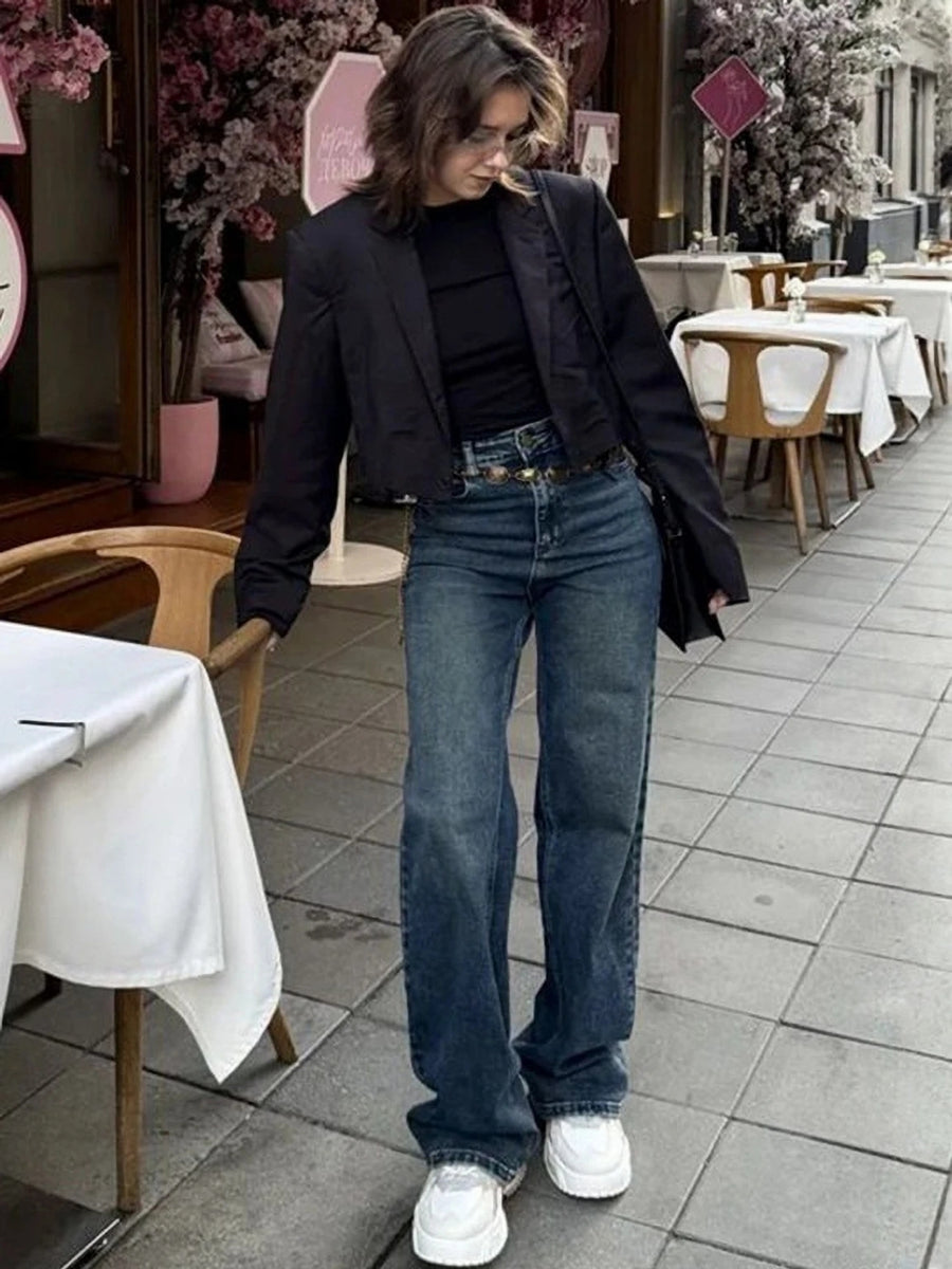 Deep Shade High-Waist Straight Denim