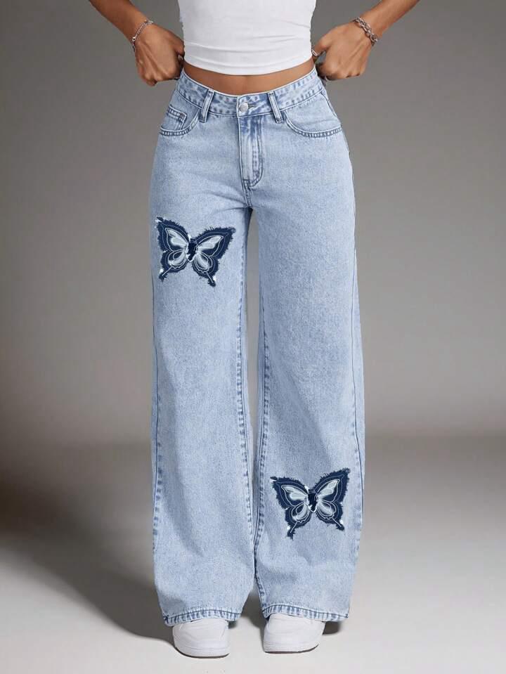 Butterfly Print Straight Fit Denim