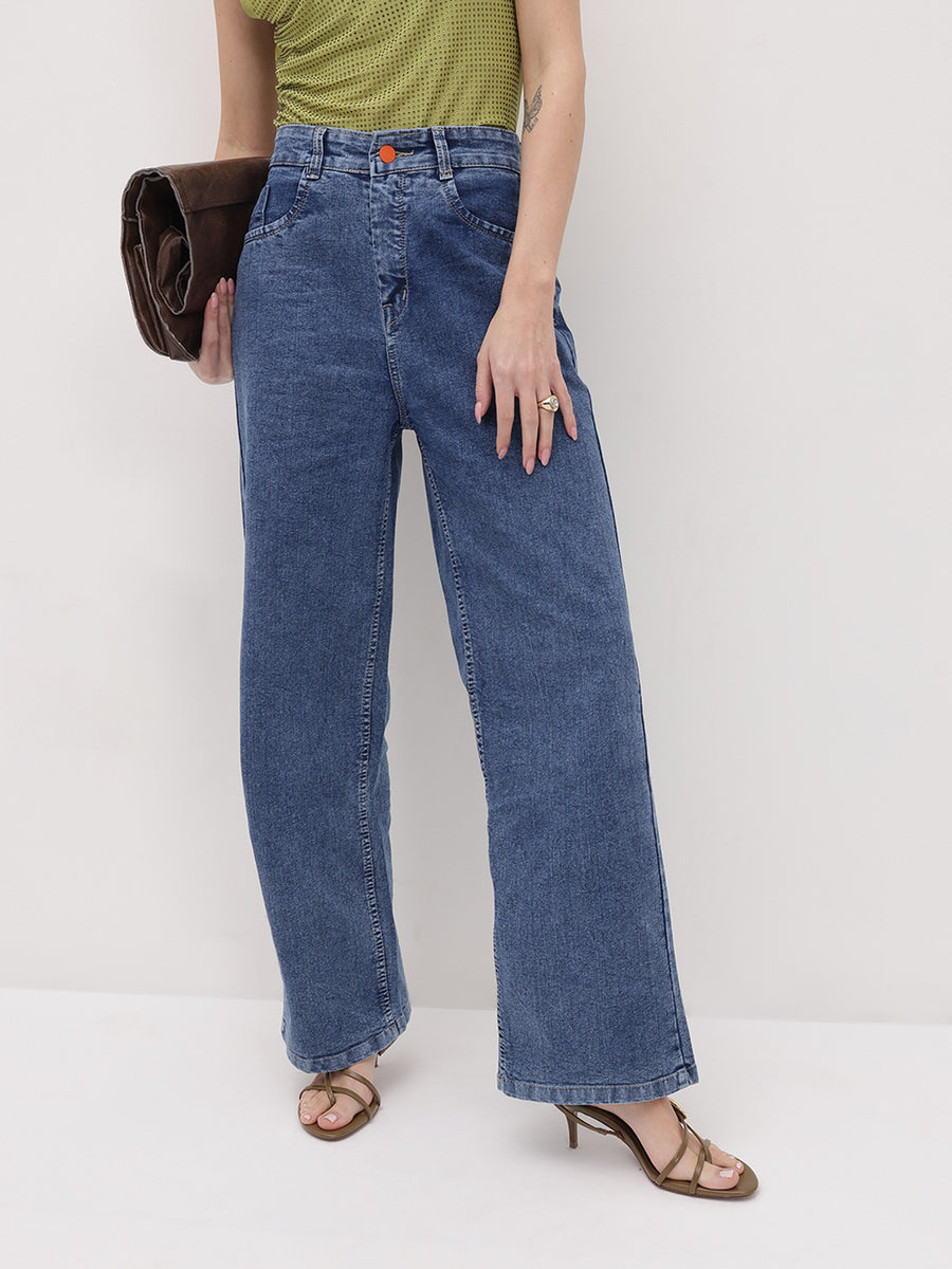 Blue Wave Straight Fit Jeans – Blue Straight Fit Jeans Front View – Glossia Fashion