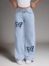 Butterfly Stitch Straight Fit Denim – High Rise Straight Fit Jeans Front View – Glossia Fashion