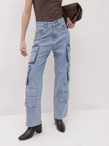 Urban Safari Scout Cargo Denim – High Rise Cargo Jeans Front View – Glossia Fashion