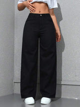 Luxe Line Straight High- Rise Jeans – Black Straight Fit Jeans Front View – Glossia Fashion