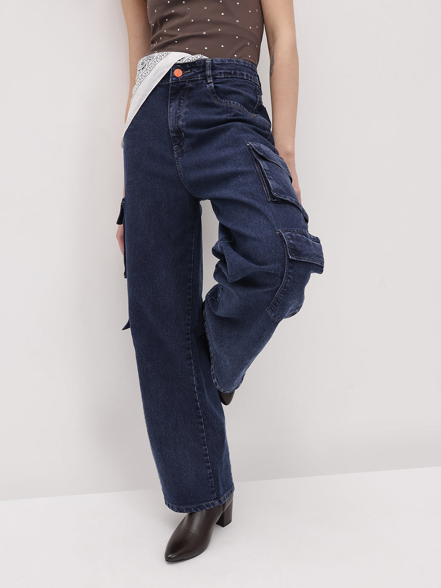 Voyager Vixen Cargo Pants – Navy Blue Cargo Jeans Model View – Glossia Fashion