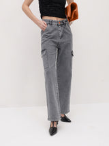 Cityscape Cargo Denim Jeans – Grey Cargo Jeans Front View – Glossia Fashion