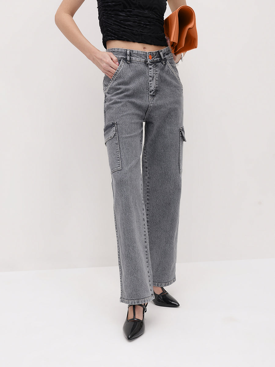 Cityscape Cargo Denim Jeans – Grey Cargo Jeans Front View – Glossia Fashion