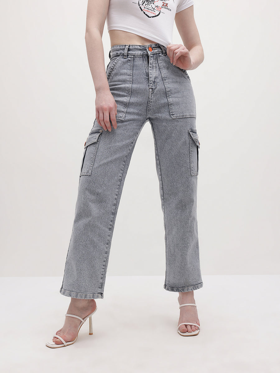 Trailblazer Cargo Denim Jeans – Grey Cargo Jeans Style View – Glossia Fashion