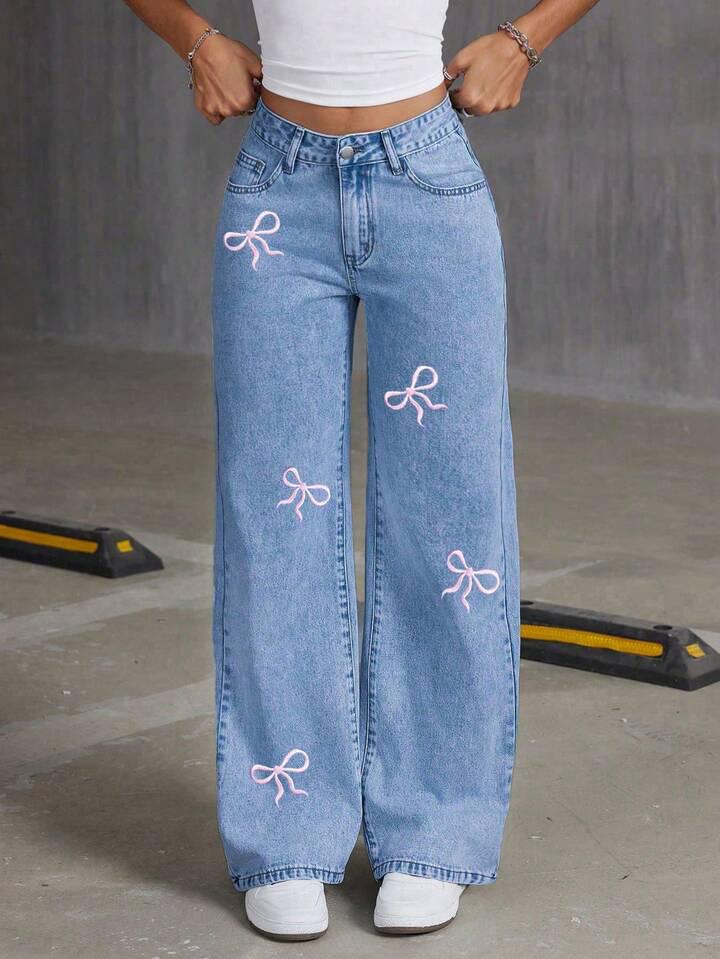 Bow Print Straight Fit Jeans