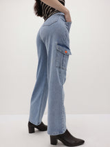 Streetwise Cargo Denim – High Rise Cargo Jeans Front View – Glossia Fashion