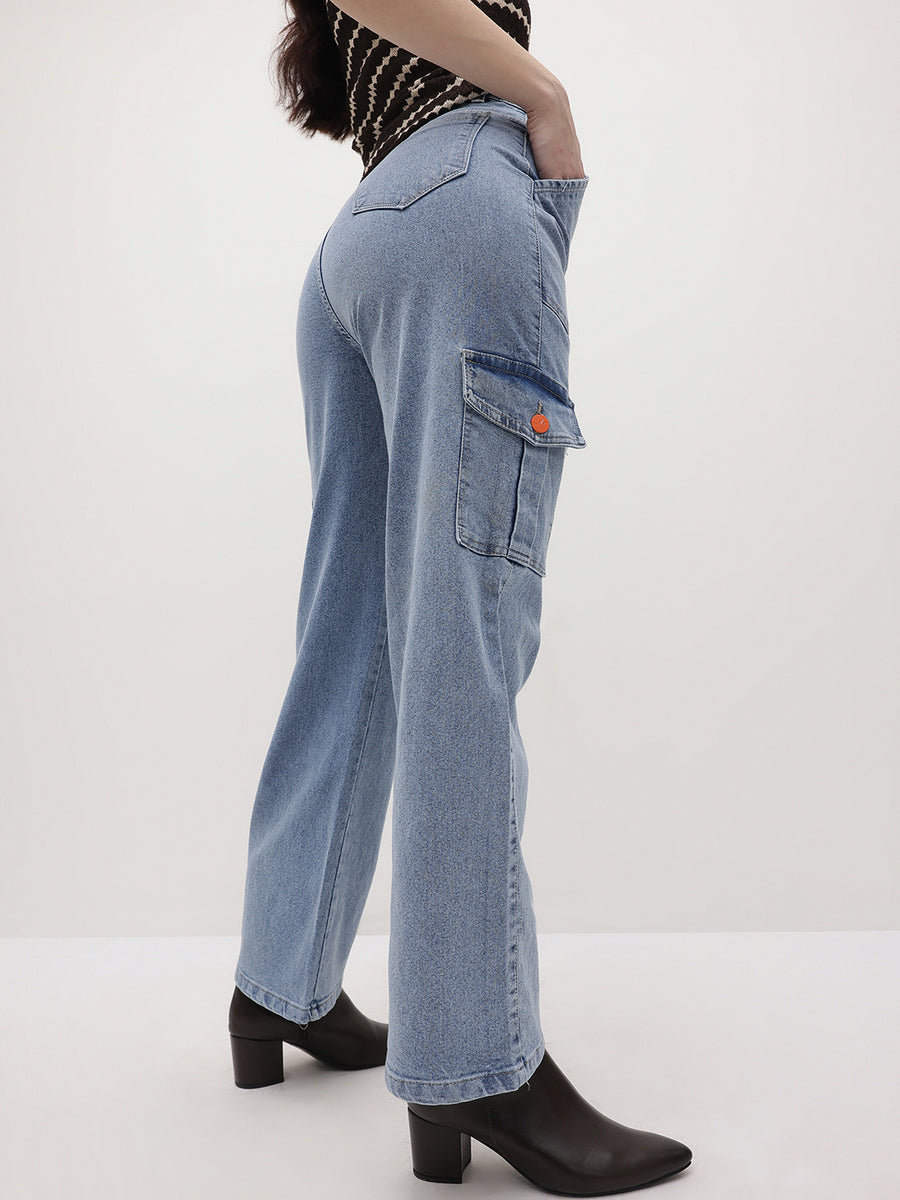 Streetwise Cargo Denim – High Rise Cargo Jeans Front View – Glossia Fashion