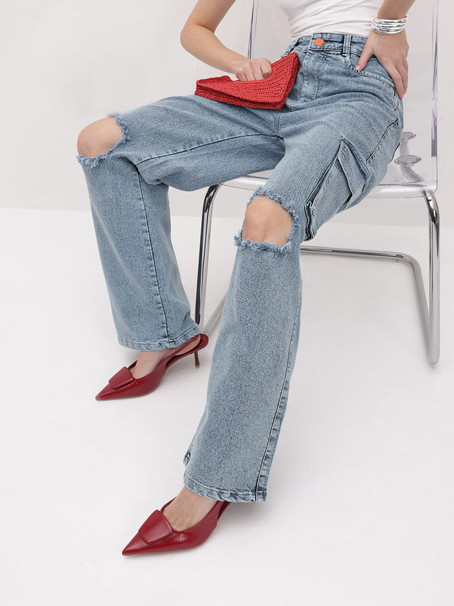 Fearless Fit Knee-Rip Cargo Jeans – Light Blue Cargo Jeans Full Length – Glossia Fashion