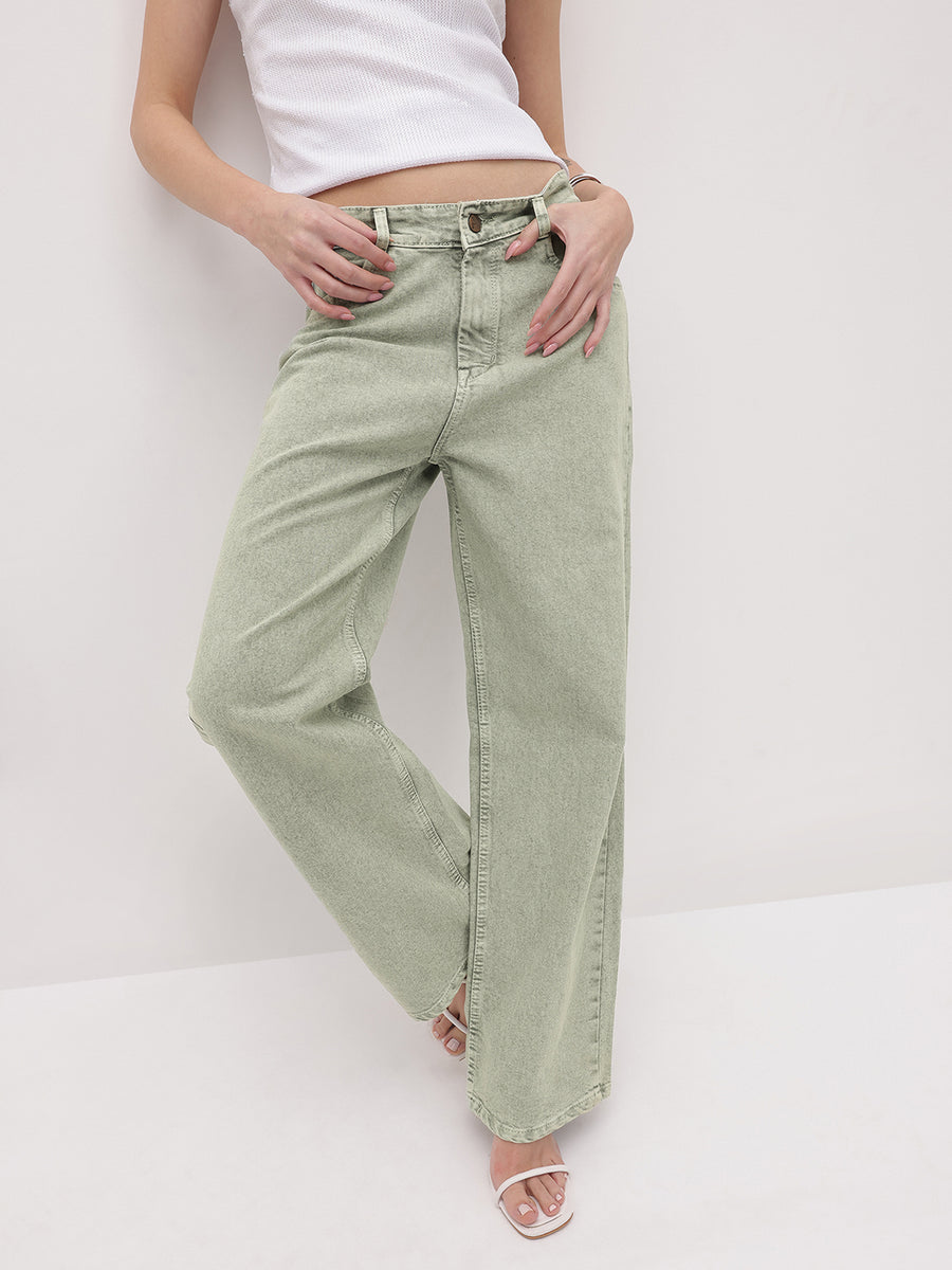Urban Pop Colored Straight Denim – Light Green Straight Fit Jeans Front View – Glossia Fashion