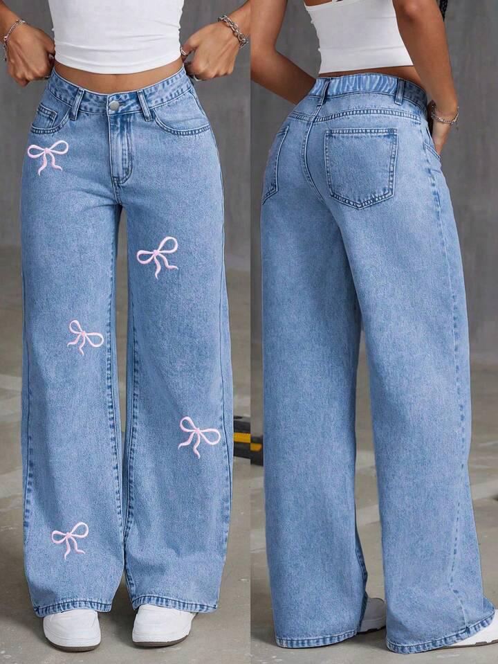 Bow Print Straight Fit Jeans