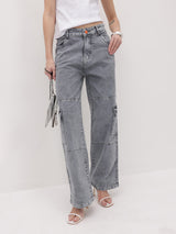 Urban Edge High-Rise Utility Denim – Grey Denim Jeans Model View – Glossia Fashion