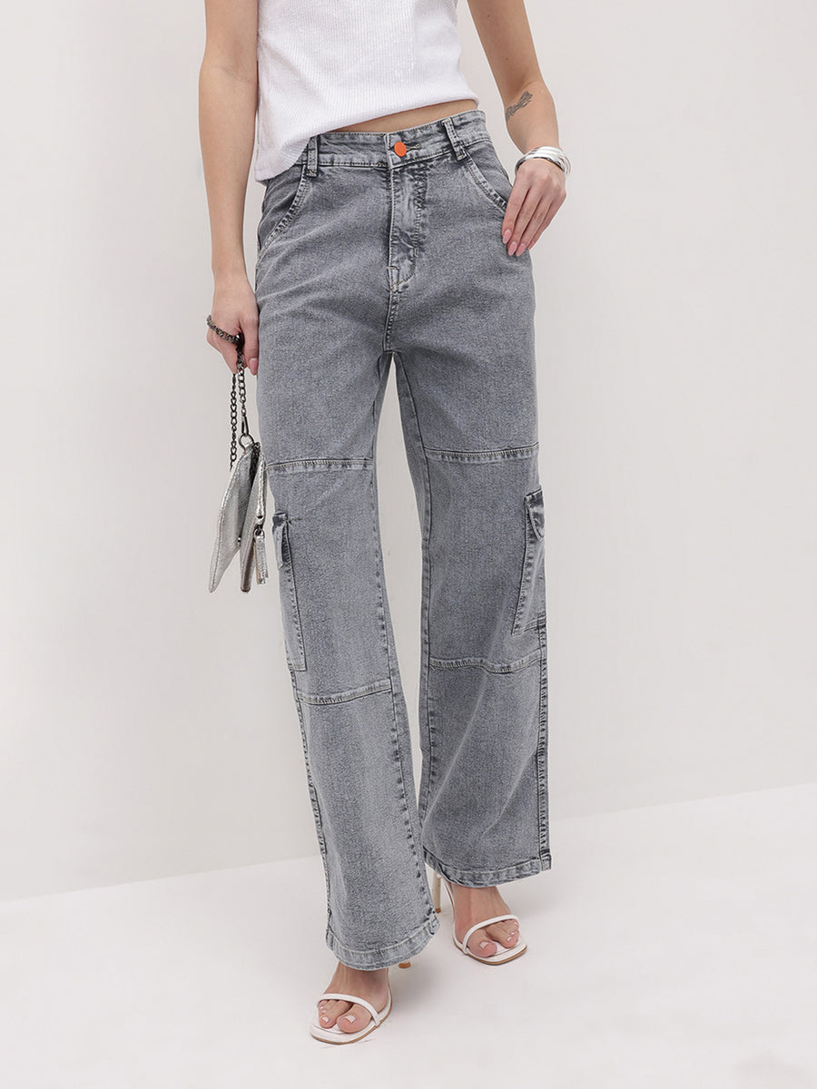 Urban Edge High-Rise Utility Denim – Grey Denim Jeans Model View – Glossia Fashion