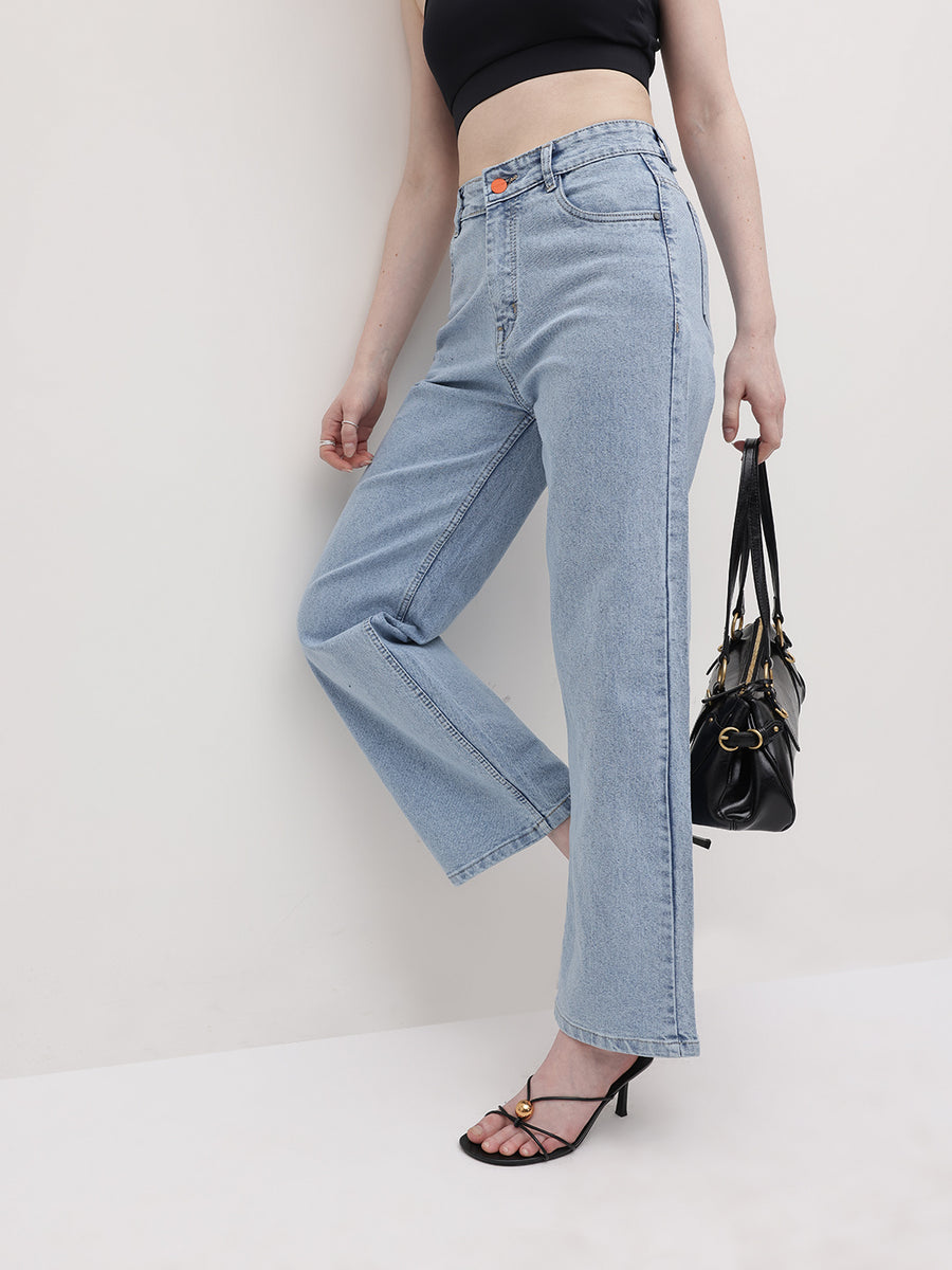 Cloud Wash Straight Fit Jeans – Cloud Wash Straight Fit Jeans Back View – Glossia Fashion