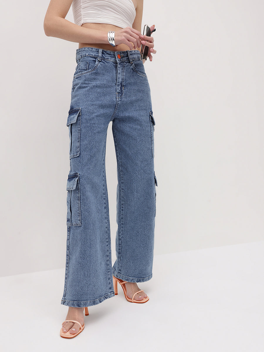 Explorer Expedition Cargo Denim – Light Blue Cargo Jeans Full Length – Glossia Fashion
