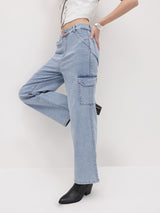 Metro Maven Cargo Jeans – High Rise Cargo Jeans Front View – Glossia Fashion